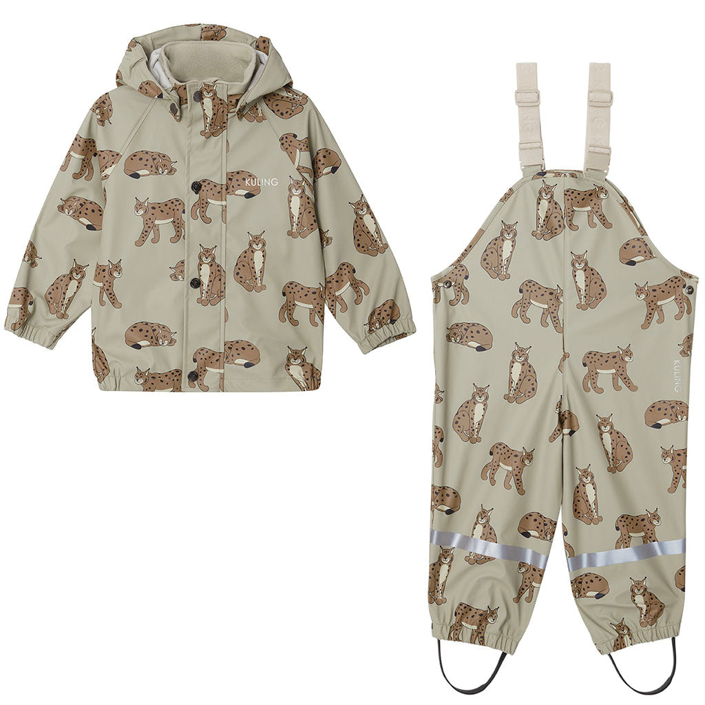 Unlined Rain Set, Green with lynx pattern, Product Image, Front