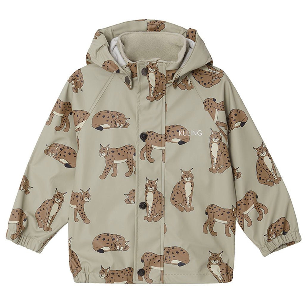 Unlined Rain Jacket, Green with lynx pattern, Product Image, Front