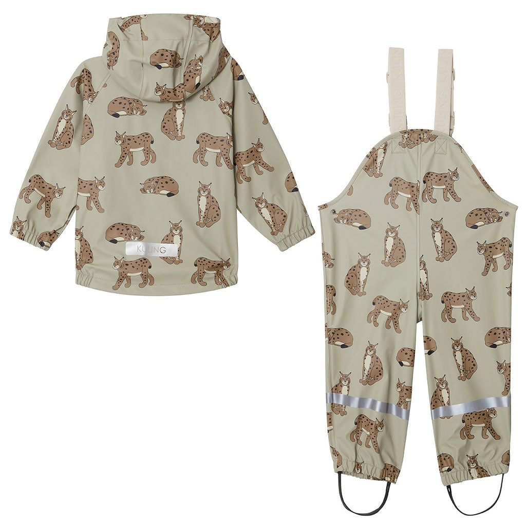 Unlined  Rain Set, Green with lynx pattern, Product Image, Back